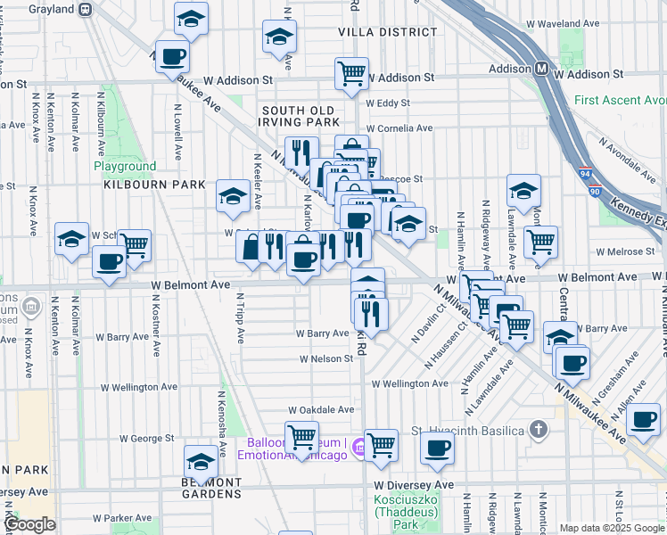 map of restaurants, bars, coffee shops, grocery stores, and more near 4047 West Melrose Street in Chicago