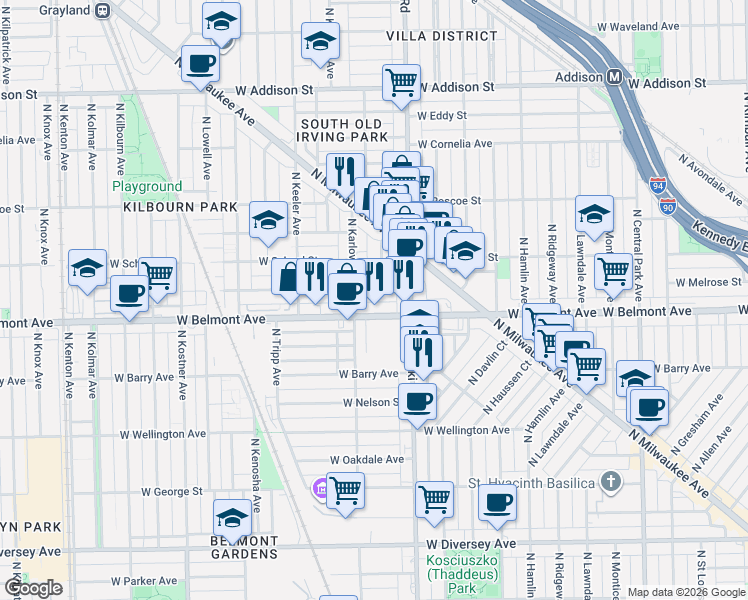 map of restaurants, bars, coffee shops, grocery stores, and more near 4047 West Melrose Street in Chicago