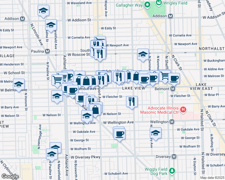map of restaurants, bars, coffee shops, grocery stores, and more near 1319 West Belmont Avenue in Chicago