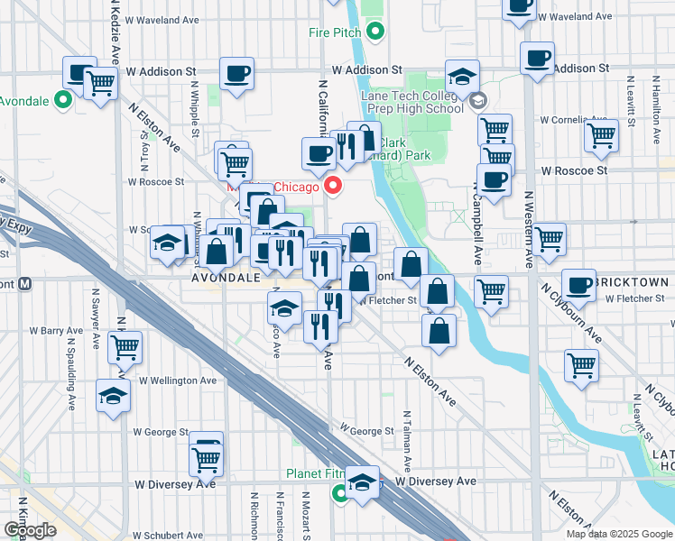 map of restaurants, bars, coffee shops, grocery stores, and more near 3217 North California Avenue in Chicago
