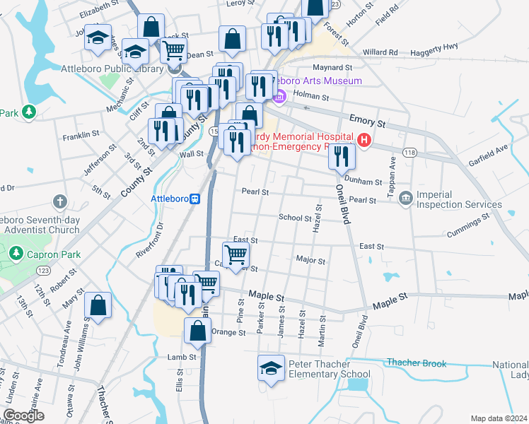 map of restaurants, bars, coffee shops, grocery stores, and more near 114 Pine Street in Attleboro