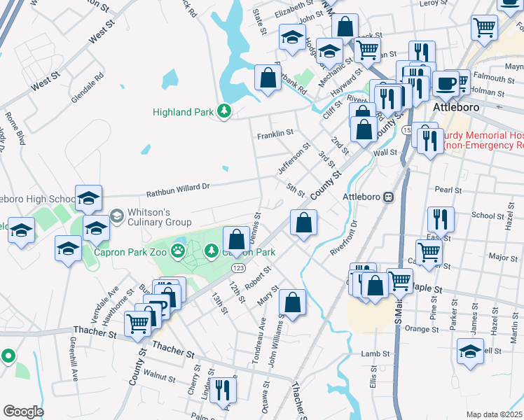 map of restaurants, bars, coffee shops, grocery stores, and more near 44 Dennis Street in Attleboro