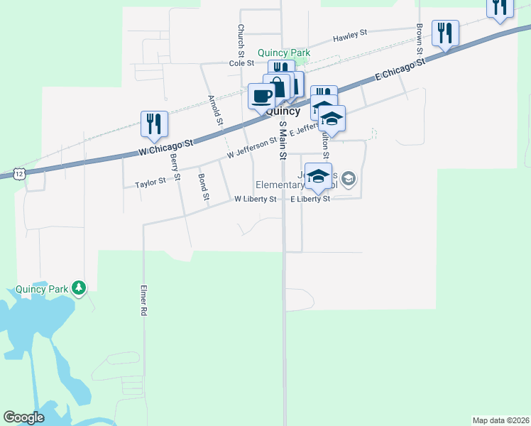 map of restaurants, bars, coffee shops, grocery stores, and more near 15 West Liberty Street in Quincy