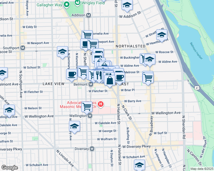 map of restaurants, bars, coffee shops, grocery stores, and more near 901 West Belmont Avenue in Chicago