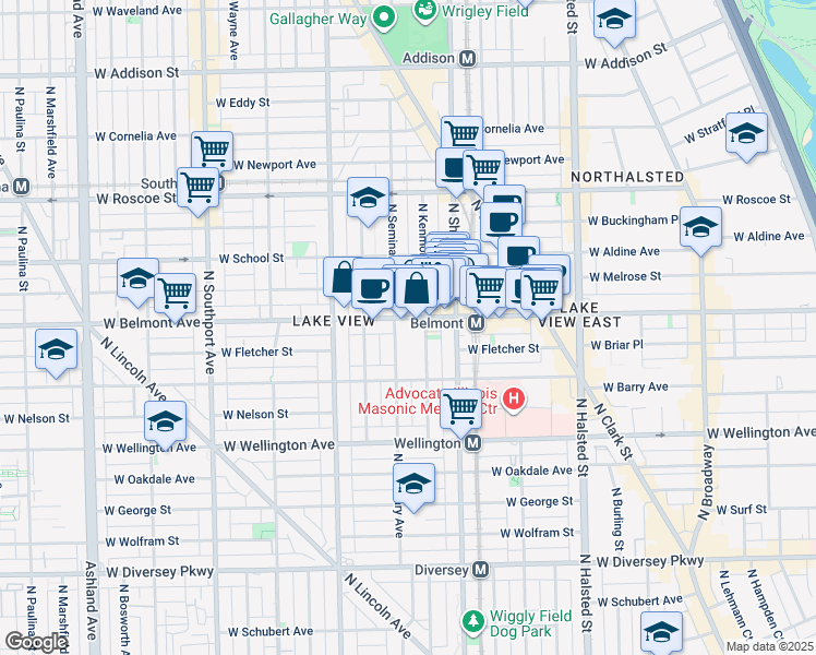 map of restaurants, bars, coffee shops, grocery stores, and more near 1034 West Belmont Avenue in Chicago