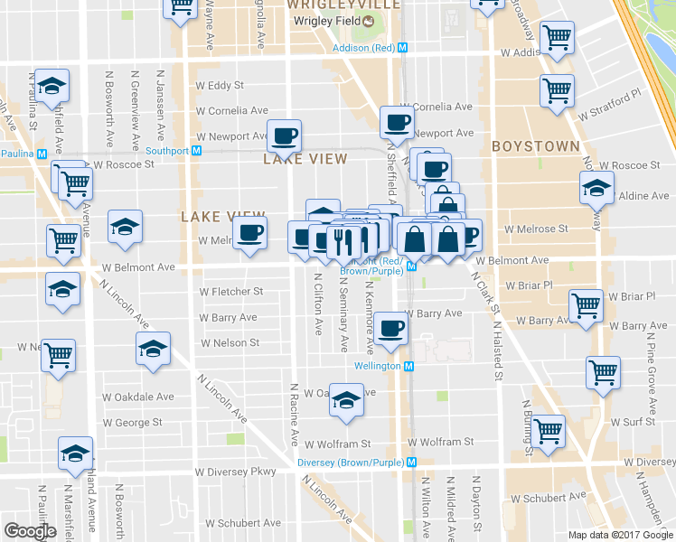map of restaurants, bars, coffee shops, grocery stores, and more near in Chicago