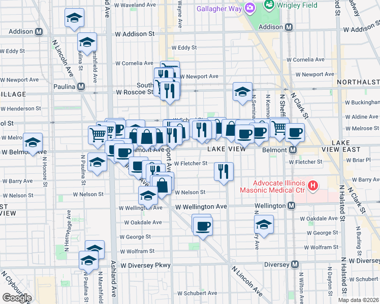 map of restaurants, bars, coffee shops, grocery stores, and more near 3208 North Lakewood Avenue in Chicago