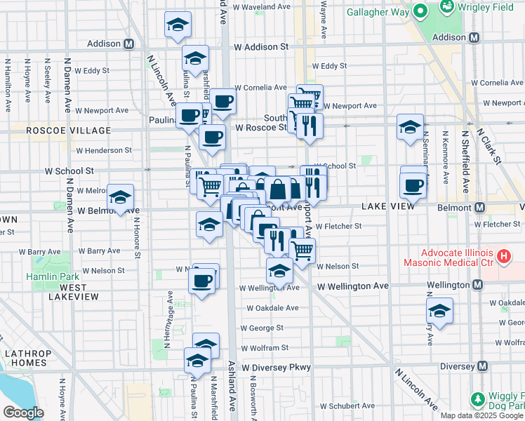 map of restaurants, bars, coffee shops, grocery stores, and more near 1456 West Belmont Avenue in Chicago