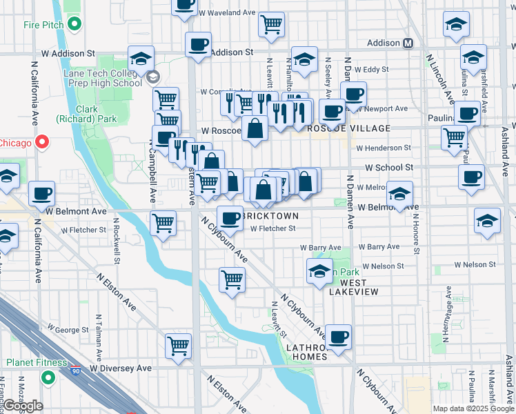 map of restaurants, bars, coffee shops, grocery stores, and more near 2219 West Melrose Street in Chicago