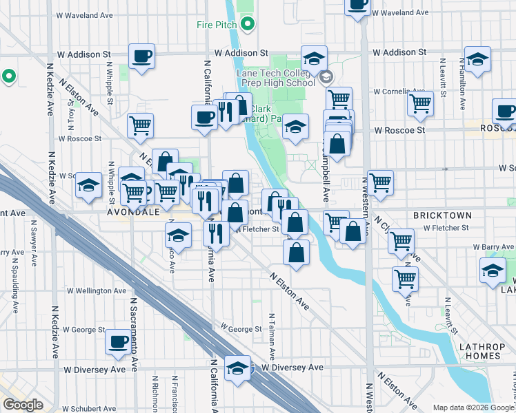 map of restaurants, bars, coffee shops, grocery stores, and more near 3216 North Talman Avenue in Chicago