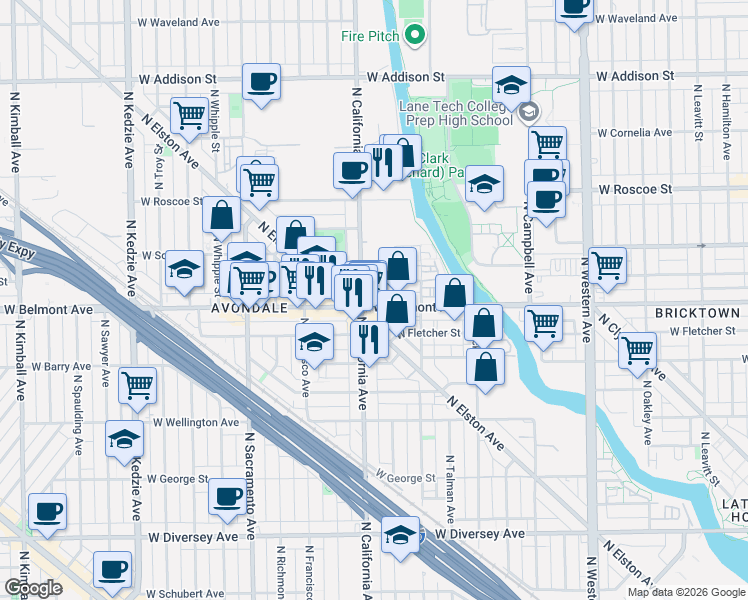 map of restaurants, bars, coffee shops, grocery stores, and more near 3217 North California Avenue in Chicago