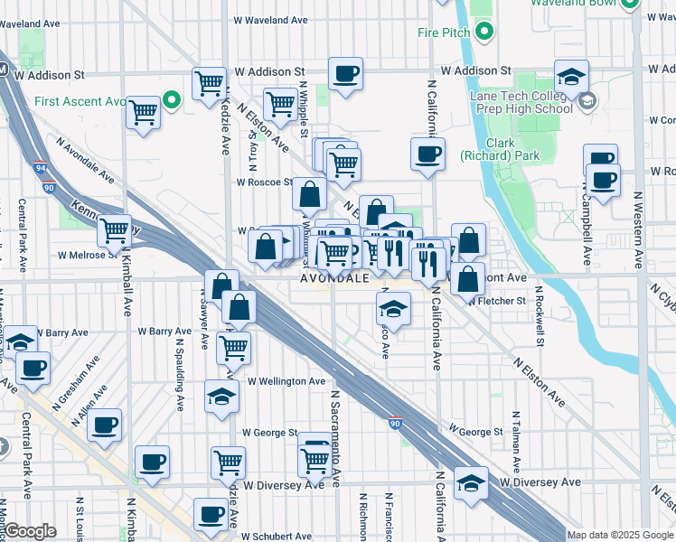 map of restaurants, bars, coffee shops, grocery stores, and more near 3218 North Richmond Street in Chicago