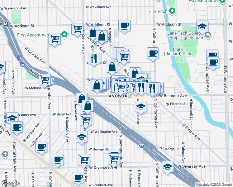 map of restaurants, bars, coffee shops, grocery stores, and more near in Chicago