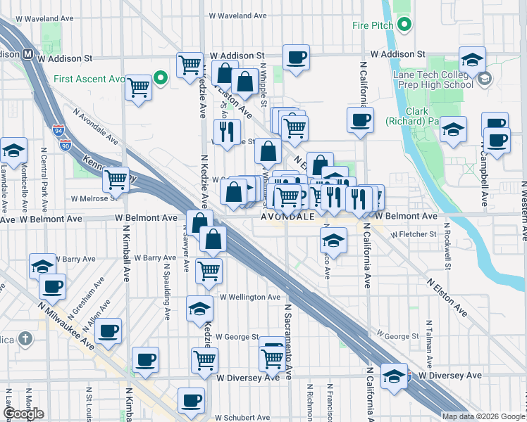 map of restaurants, bars, coffee shops, grocery stores, and more near 3219 North Whipple Street in Chicago