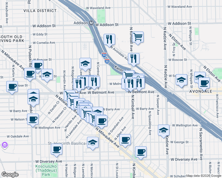 map of restaurants, bars, coffee shops, grocery stores, and more near 3523 West Melrose Street in Chicago