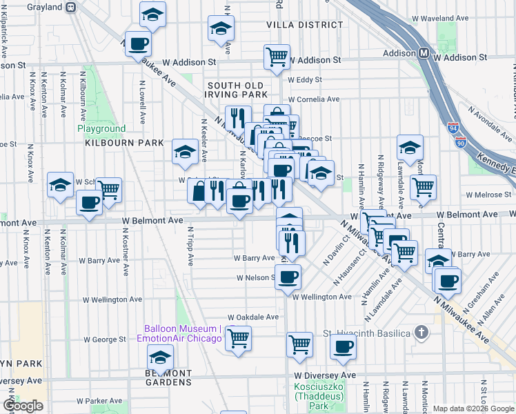 map of restaurants, bars, coffee shops, grocery stores, and more near 4047 West Melrose Street in Chicago
