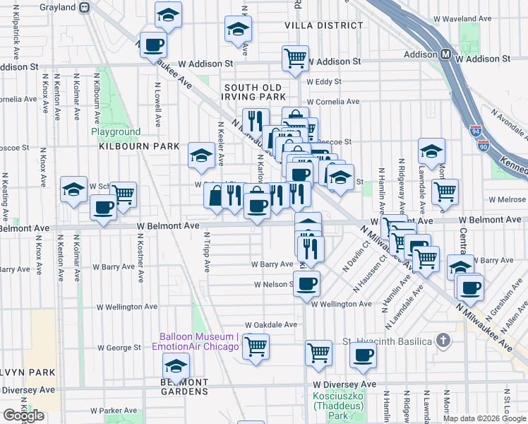 map of restaurants, bars, coffee shops, grocery stores, and more near 4047 West Melrose Street in Chicago