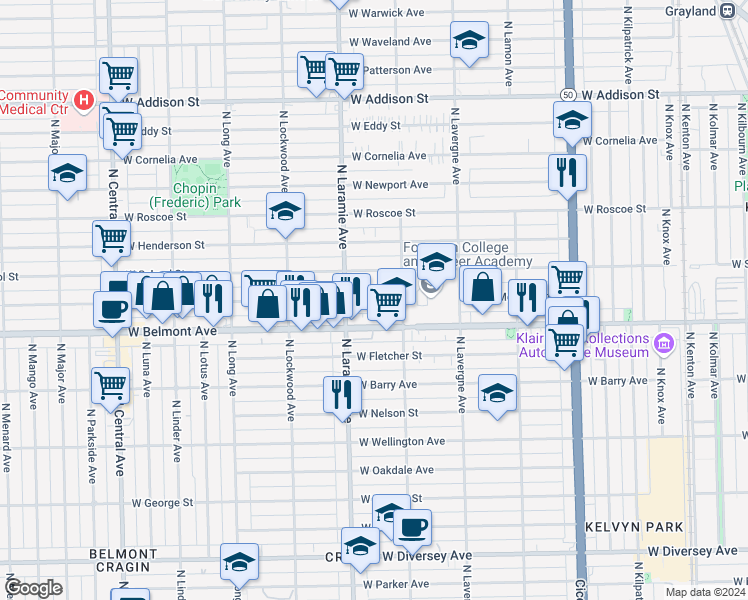 map of restaurants, bars, coffee shops, grocery stores, and more near 5142 West Melrose Street in Chicago