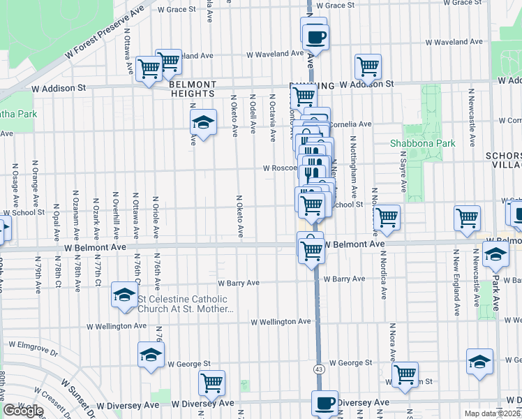 map of restaurants, bars, coffee shops, grocery stores, and more near 3305 North Odell Avenue in Chicago