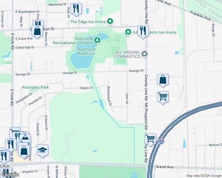 map of restaurants, bars, coffee shops, grocery stores, and more near 801 Brentwood Drive in Bensenville