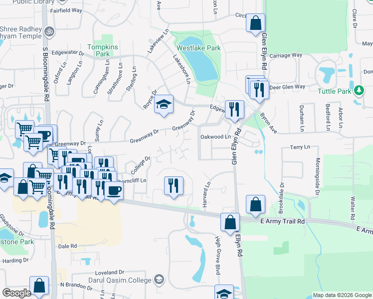 map of restaurants, bars, coffee shops, grocery stores, and more near 326 Colony Green Drive in Bloomingdale