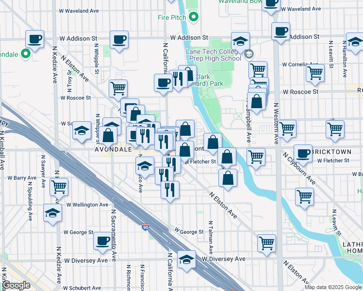 map of restaurants, bars, coffee shops, grocery stores, and more near 2717 West Melrose Street in Chicago