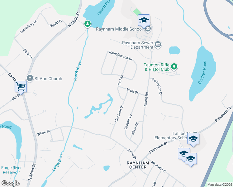 map of restaurants, bars, coffee shops, grocery stores, and more near 46 Carl Road in Raynham