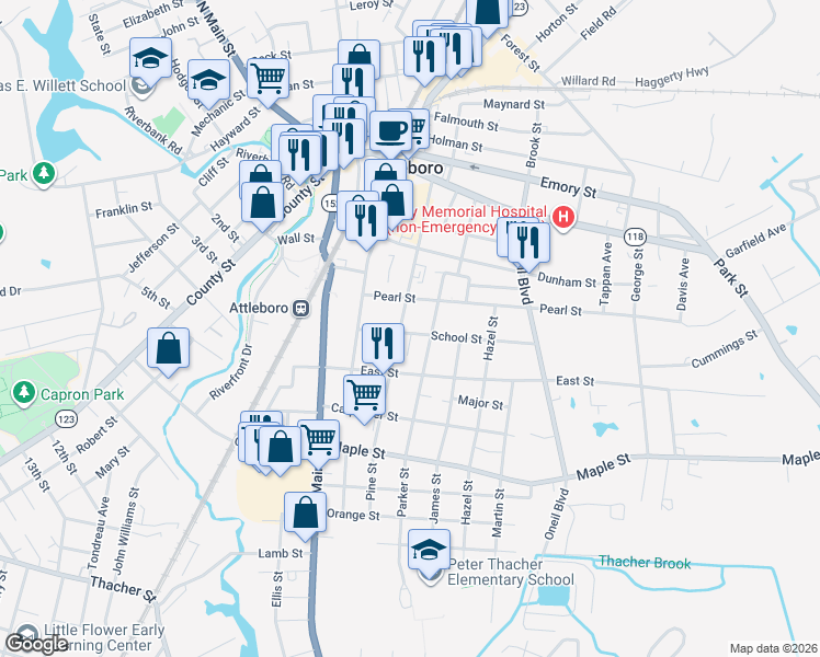 map of restaurants, bars, coffee shops, grocery stores, and more near 116 Pine Street in Attleboro