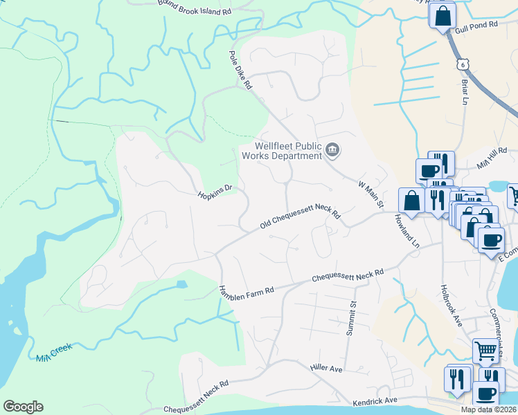 map of restaurants, bars, coffee shops, grocery stores, and more near 70 Hopkins Drive in Wellfleet