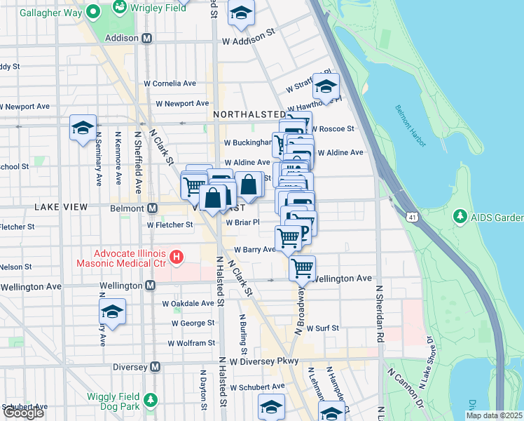 map of restaurants, bars, coffee shops, grocery stores, and more near 3161 North Orchard Street in Chicago