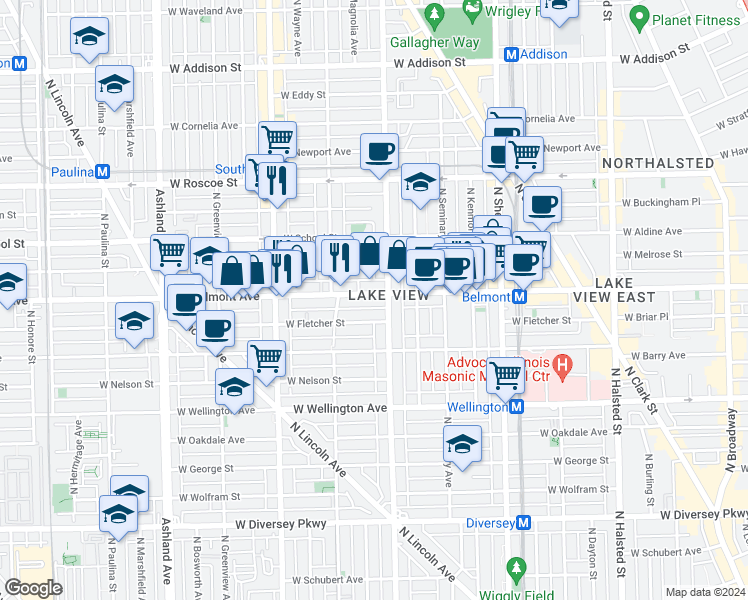 map of restaurants, bars, coffee shops, grocery stores, and more near 1211 West Belmont Avenue in Chicago