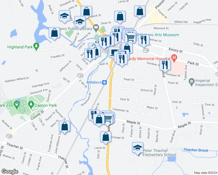 map of restaurants, bars, coffee shops, grocery stores, and more near 141 South Main Street in Attleboro