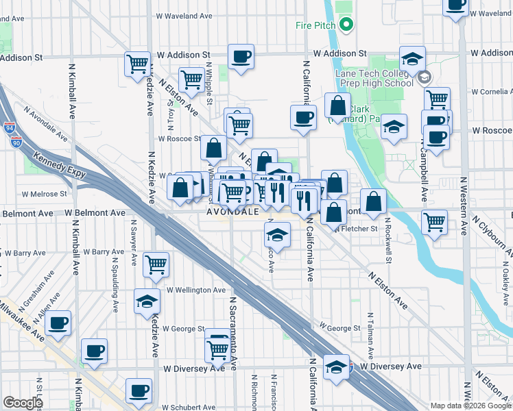 map of restaurants, bars, coffee shops, grocery stores, and more near 3216 North Francisco Avenue in Chicago