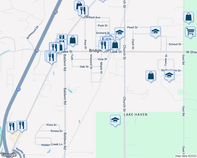 map of restaurants, bars, coffee shops, grocery stores, and more near 9880 Maple Street in Bridgman