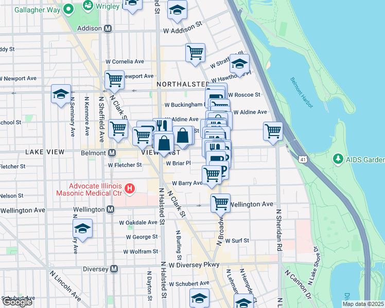 map of restaurants, bars, coffee shops, grocery stores, and more near 3163 North Orchard Street in Chicago