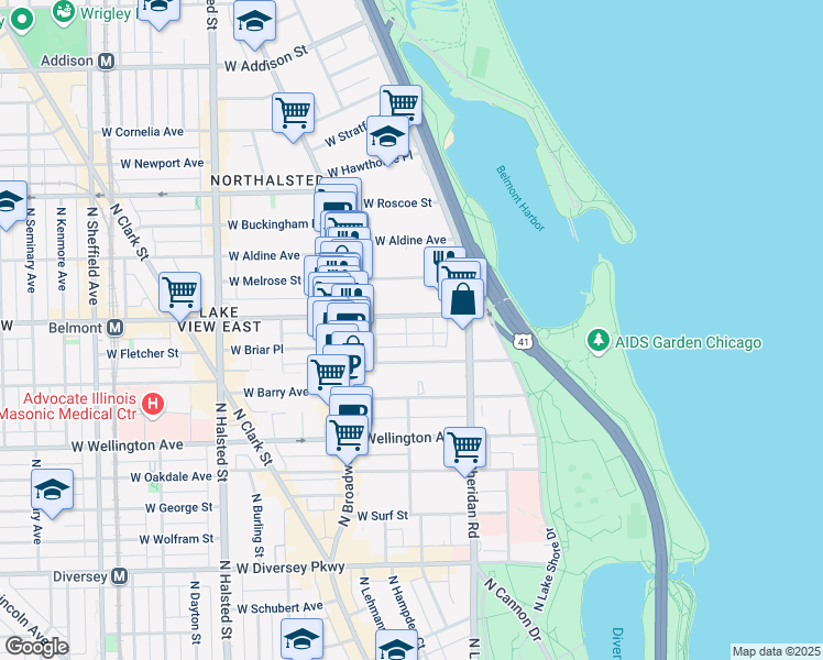 map of restaurants, bars, coffee shops, grocery stores, and more near 3169 North Pine Grove Avenue in Chicago