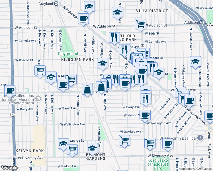 map of restaurants, bars, coffee shops, grocery stores, and more near 3239 North Keeler Avenue in Chicago
