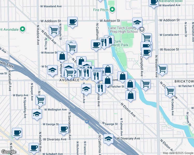 map of restaurants, bars, coffee shops, grocery stores, and more near 3217 North California Avenue in Chicago