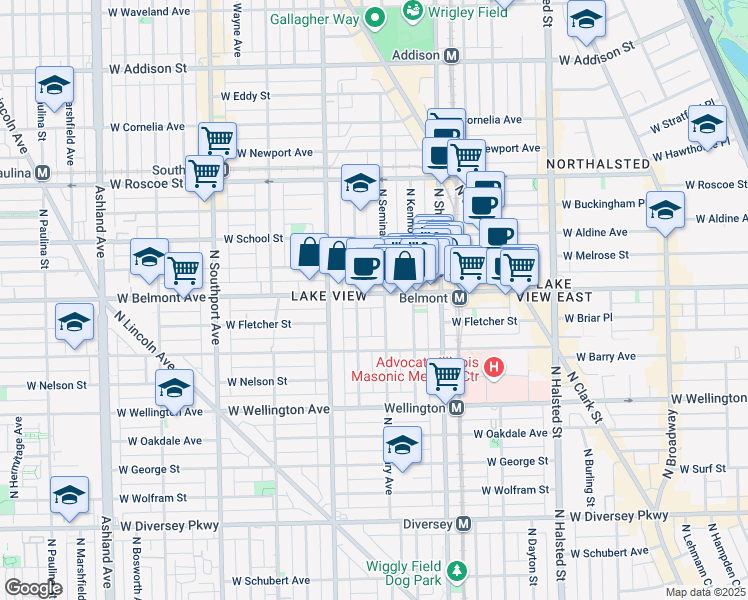 map of restaurants, bars, coffee shops, grocery stores, and more near 3201 North Seminary Avenue in Chicago