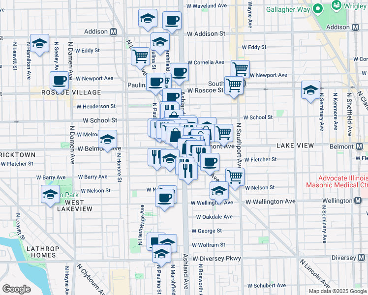 map of restaurants, bars, coffee shops, grocery stores, and more near N Ashland Ave & W Belmont Ave in Chicago