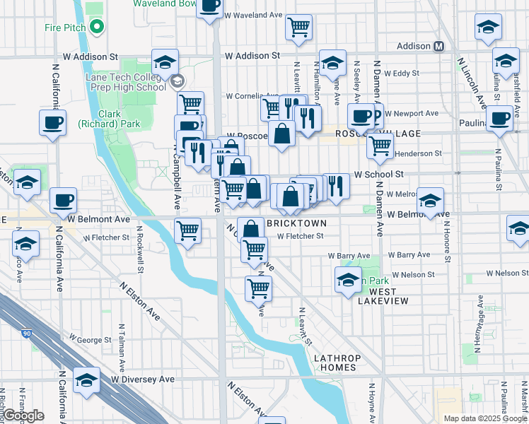 map of restaurants, bars, coffee shops, grocery stores, and more near 3209 North Oakley Avenue in Chicago