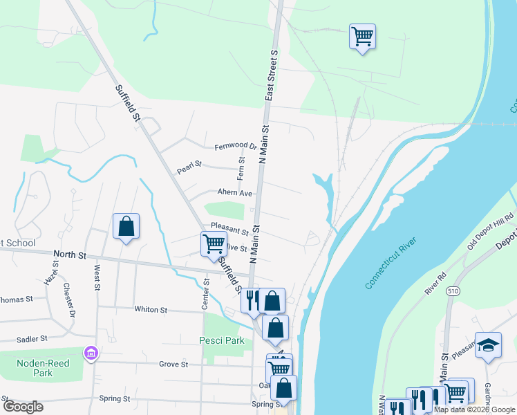 map of restaurants, bars, coffee shops, grocery stores, and more near 56 North Main Street in Windsor Locks