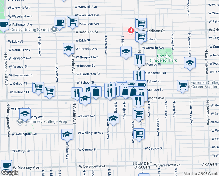 map of restaurants, bars, coffee shops, grocery stores, and more near 5753 West School Street in Chicago