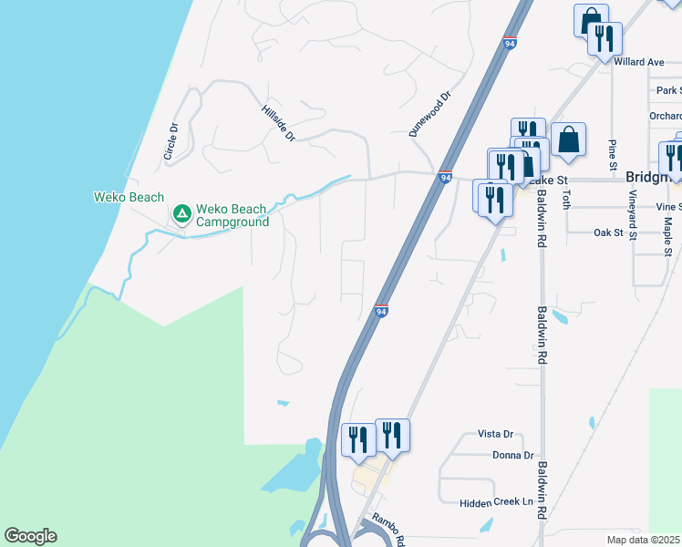 map of restaurants, bars, coffee shops, grocery stores, and more near 9797 Evergreen Drive in Bridgman