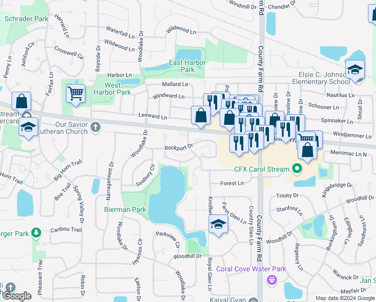 map of restaurants, bars, coffee shops, grocery stores, and more near 1068 Rockport Drive in Carol Stream