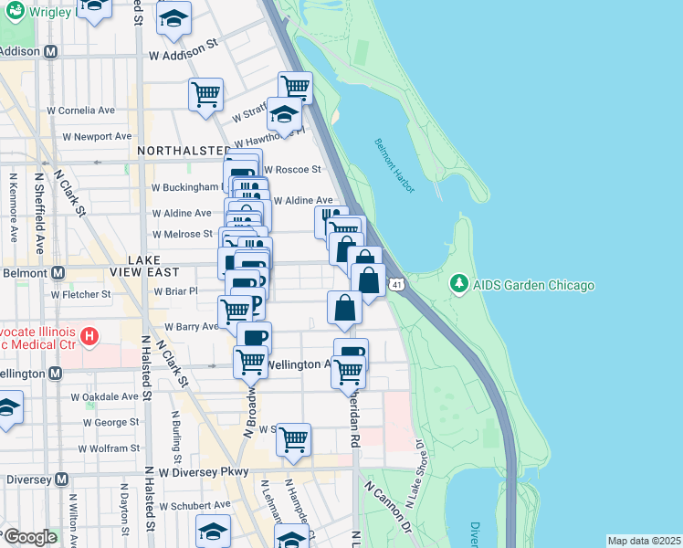 map of restaurants, bars, coffee shops, grocery stores, and more near 421 West Belmont Avenue in Chicago