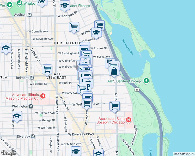 map of restaurants, bars, coffee shops, grocery stores, and more near 511 West Belmont Avenue in Chicago