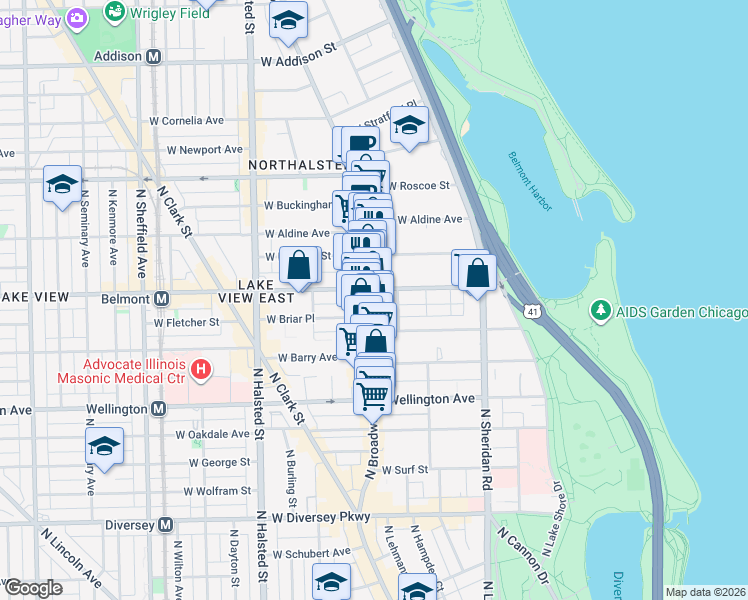 map of restaurants, bars, coffee shops, grocery stores, and more near 535 West Belmont Avenue in Chicago