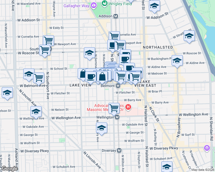 map of restaurants, bars, coffee shops, grocery stores, and more near 1034 West Belmont Avenue in Chicago