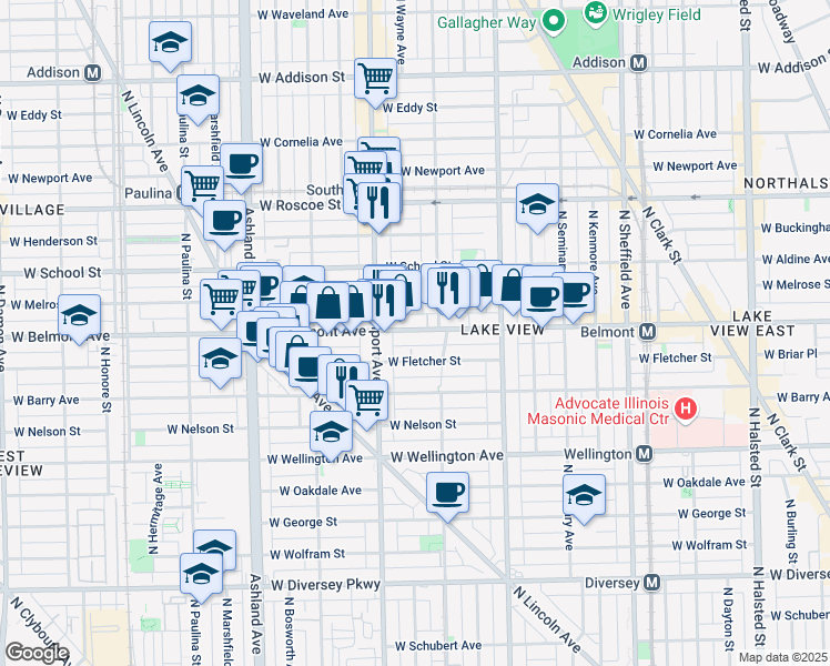 map of restaurants, bars, coffee shops, grocery stores, and more near 1342 West Belmont Avenue in Chicago